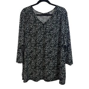 Tahari Black Ditsy Floral Green White V Neck Blouse Top Plus Size 3X
